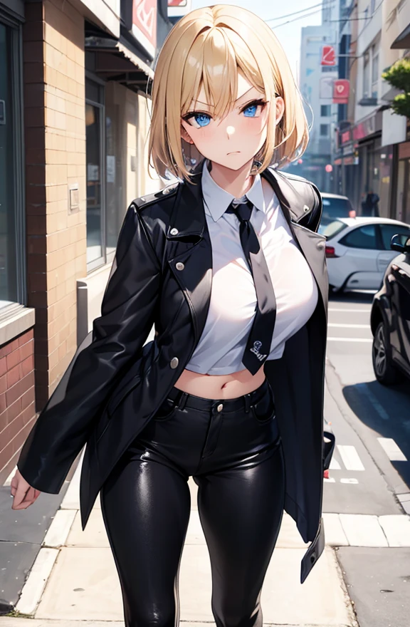 Blonde short-haired, short clothes with white collar sleeves, shorts, pantyhose, girl, outdoor, tech sneakers