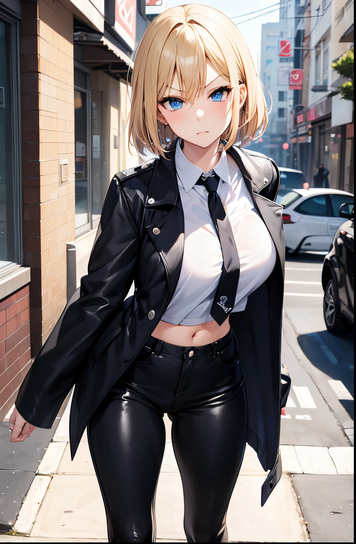 2D Anime Style、Blue eyes、Beautiful shining eyes,  (Talented lo-fi:1.3),breasts are slightly larger、high and beautiful nose,Beautiful face with slender contours,A cool adult woman with short blonde hair and an angry expression.............、Fashion that shows off your stomach, He is wearing a white shirt and black leather pants.,Wearing a black coat,walking down the streets of america,