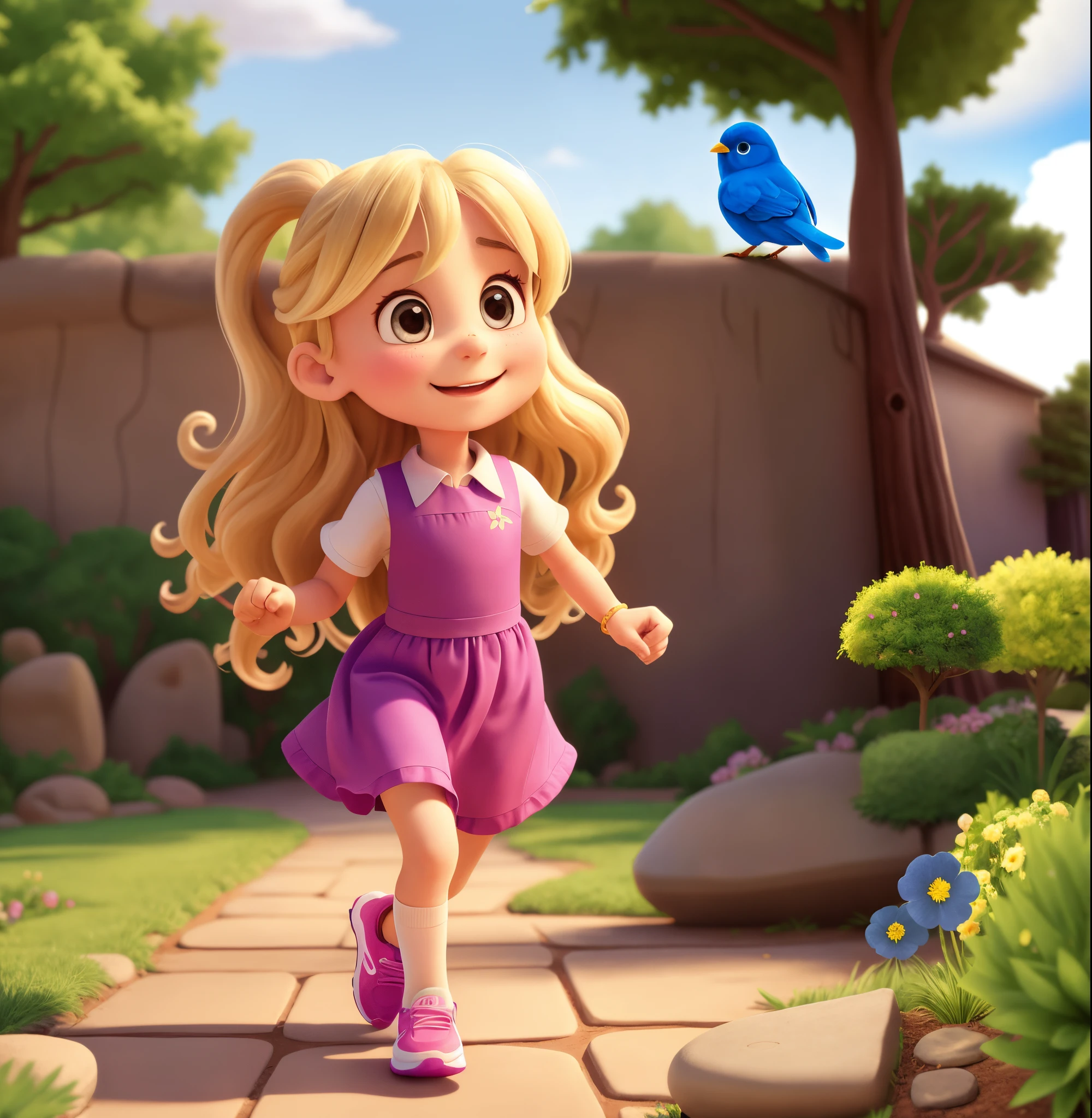 cartoon girl running in a garden with a bird on a tree, adorable digital painting, childrens art in artstation, cartoon style illustration, cute cartoon character, in style of disney animation, cute detailed digital art, cute digital art, official illustration, girl is running, animation character, cute character, girl running, the anime girl is running, cute artwork, in cartoon style, girl falls onto the ground