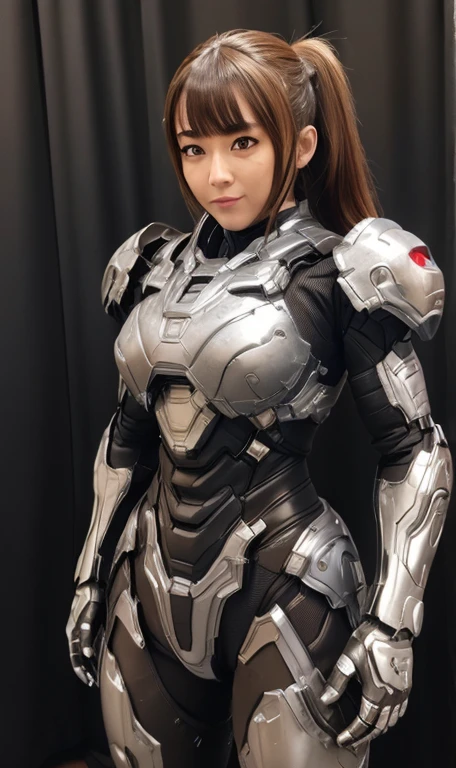 Textured skin, Super Detail, high details, High quality, Best Quality, hight resolution, 1080p, hard disk, Beautiful,(War Machine),beautiful cyborg woman,Red Mecha Cyborg Girl,Battle Mode,Girl with a Mecha Body,She wears a futuristic war machine weapon mech、sew your hair up、Brown eyes、full of sweat、cute little　great laughter