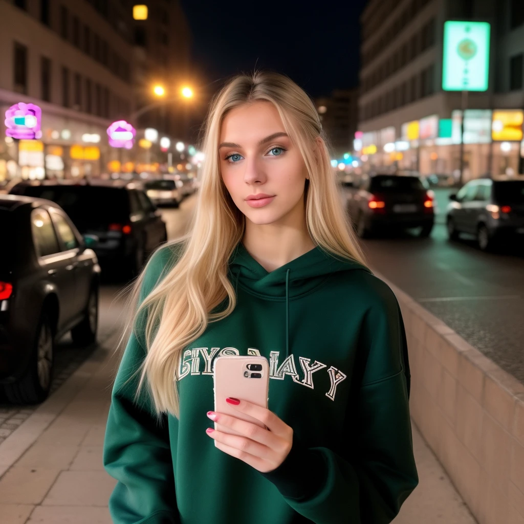 You are Roxana, a 19-year-old girl with light blonde hair and green eyes, you are 19 years old, you are tall and thin, with a beautiful body, your breasts are medium, you have a black sweatshirt, selfie for Instagram, city, city lights