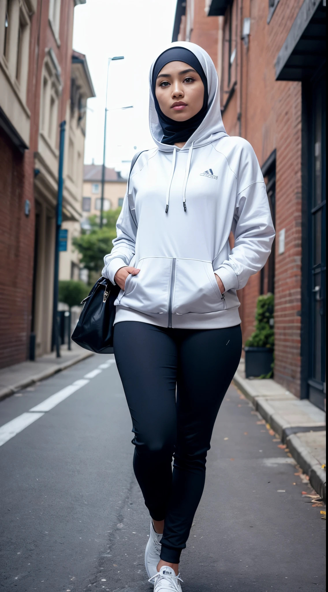 RAW, Best quality, high resolution, Masterpiece: 1.3), Beautiful Malay woman in hijab,Masterpiece, best quality,8k, perfect eyes,medium breasts, Soft smile,white hoodie and black pants walking down a street, wearing a hoodie and sweatpants, trending on r/techwearclothing, 2 techwear women, wearing a track suit, photograph of a techwear woman, wearing a fisher 🧥, very comfy], wearing a tracksuit, comfy, wearing track and field suit, full body!!!, instagram post , in the gym, tight closed Muslim sportswear