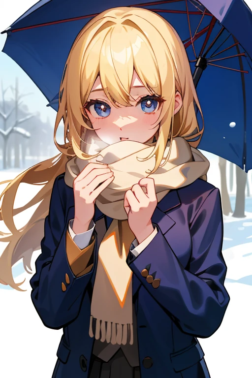 (8K、top-quality、top-quality、masterpiece、ighly detailed: 1.2)、 1 人、The upper part of the body、femele、Looks cold、at noon、Winters、 frontage、blonde hair、a blond、he is wearing a blazer、Wearing a scarf around his neck、I have a present in my hand、muffler、in school uniform、Pupils、Breasts are big、Coming to school、midwinter、Winters