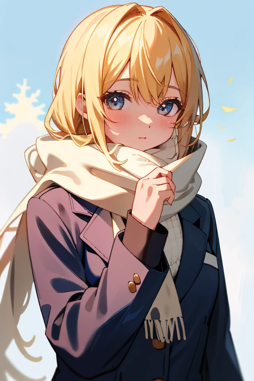 (8K、top-quality、top-quality、masterpiece、ighly detailed: 1.2)、 1 人、The upper part of the body、femele、Looks cold、at noon、Winters、 frontage、blonde hair、a blond、he is wearing a blazer、Wearing a scarf around his neck、I have a present in my hand、muffler、in school uniform、Pupils、Breasts are big、Coming to school、midwinter、Winters