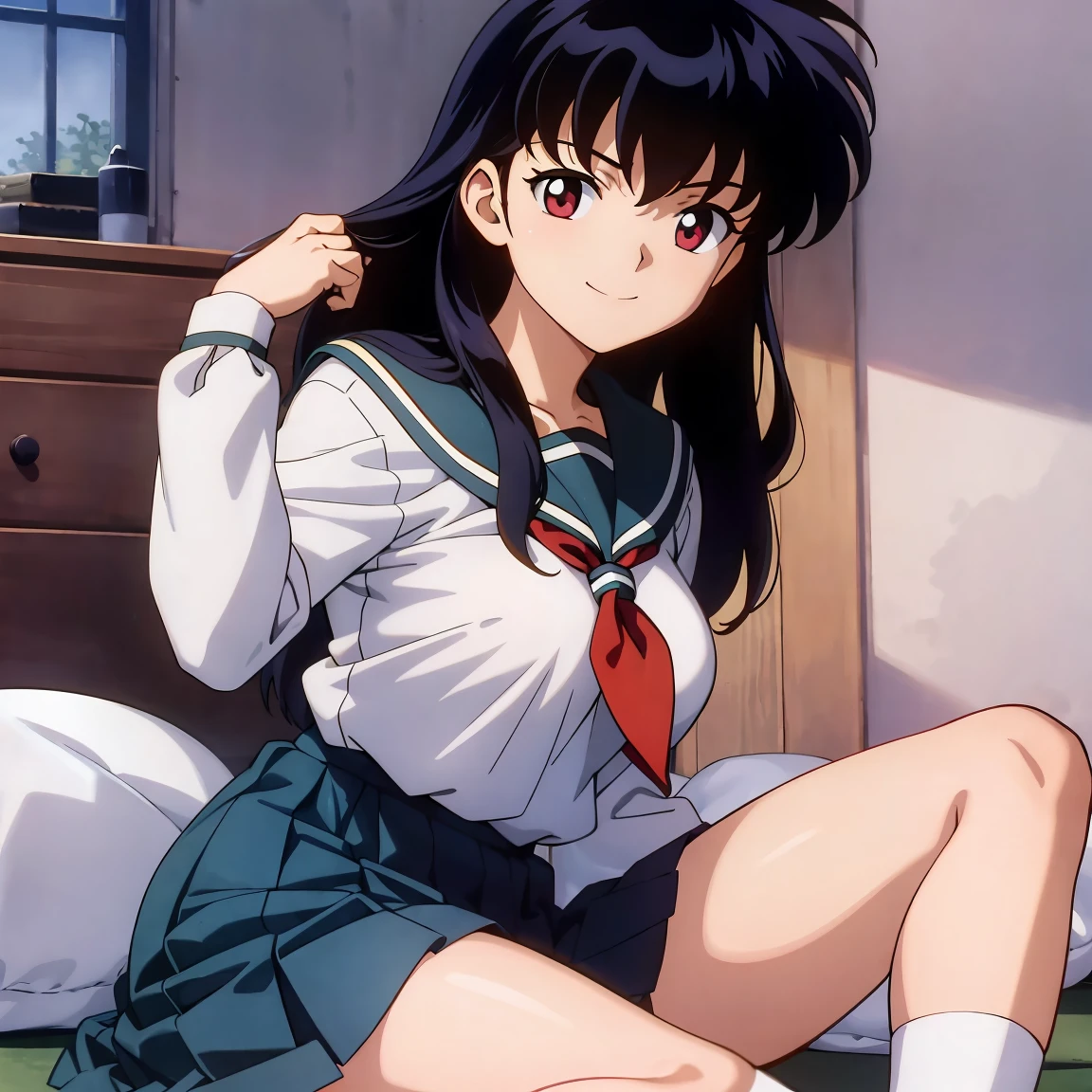 Best quality, masterpiece, HD, Kagome Higurashi, 1girl, school uniform, full body, young girl, full body , ((Anime)), ((colored)), breast, smile