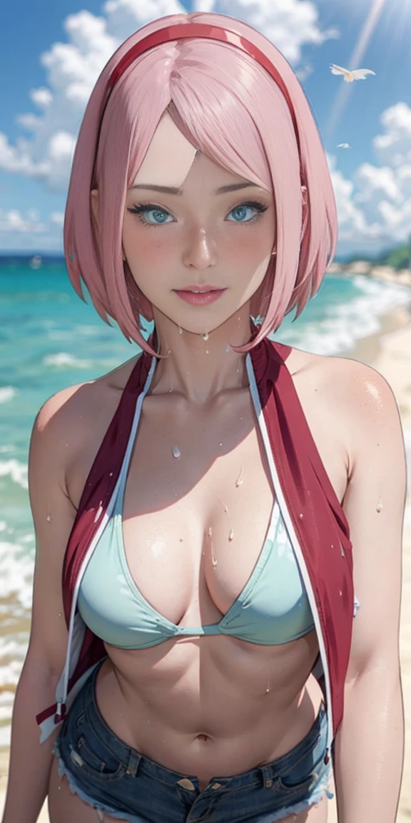 haruno sakura,forehead mark,red hairband.bangs, jacket, pink jacket, jewelry, blush, breasts, open jacket,realistic, selfie, 1girl, white hair, blue eyes, parted lips, blush, makeup, light smile, bikini, beach, sweat, wet, light rays, glow, thighs, collarbone, narrow waist, (masterpiece), wallpaper,