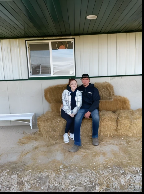 there are two people sitting on a couch made out of hay, 1 6 x 1 6, on a farm, profile pic, wearing farm clothes, vacation photo, by Kristin Nelson, 3 2 x 3 2, outside in a farm, katey truhn, contest winner 2021, millaise and greg rutkowski, 64x64