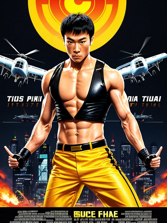 bruce lee character, jean-claude vandamme character, donnie yen character, jackie chan character, jet li charactere, jason statham character, action movie flyer, fight scene, sunrise, verry nice girl, helicopter, fast car; 4K, portrait
