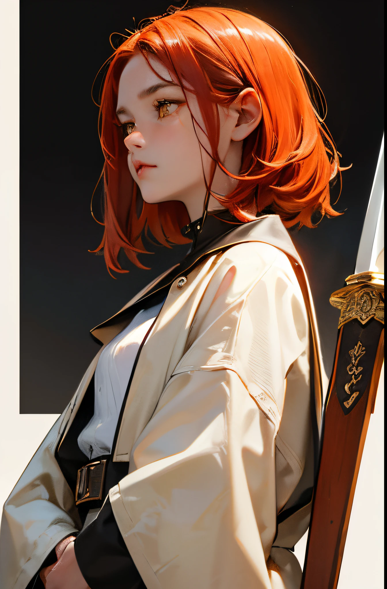 A with copper-red hair and amber-yellow eyes, Her skin is white as milk and she has a very short stature. his gaze is furious, refletindo uma raiva infantil antinatural vinda de sua sociopatia, and the left side of his face is covered with a horrible burn........... She wears thick winter clothes made of wool and baked leather and wields a golden-brown sword with a spearhead, in addition to having a lethal look