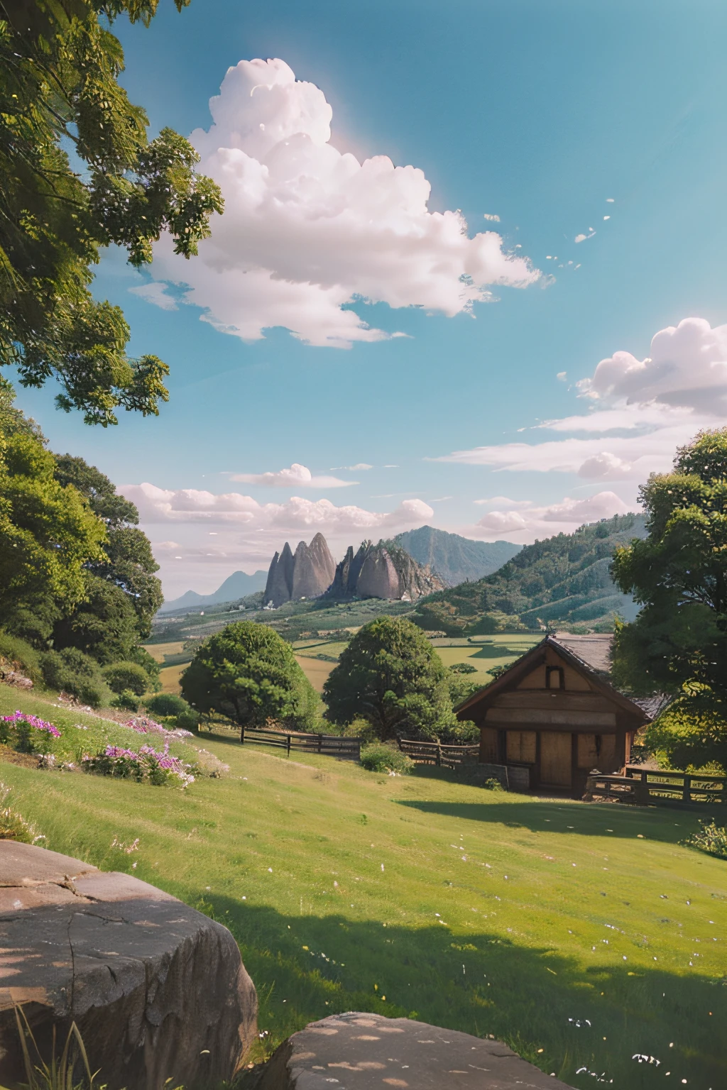 beautiful landscape with high rocks, ghibli studio style, watercolor