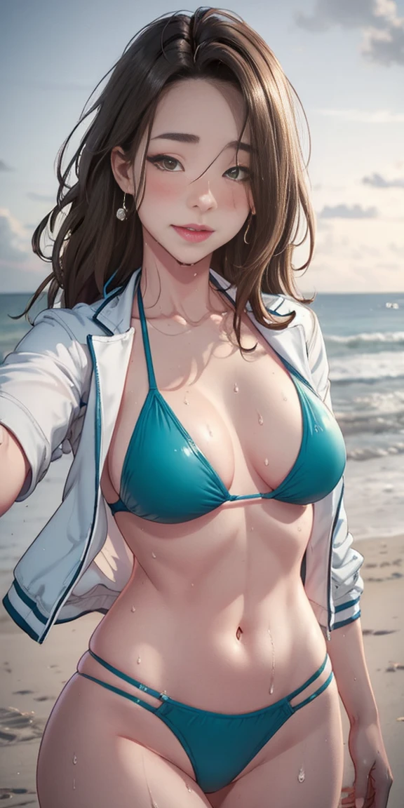 Hyundef,brown hair,brown eyes,long hair, jacket, white jacket, jewelry, blush, breasts, open jacket,realistic, selfie, 1girl, brown hair, brown eyes, parted lips, blush, makeup, light smile, green string bikini, beach, sweat, wet, light rays, glow, thighs, collarbone, narrow waist, (masterpiece), wallpaper,