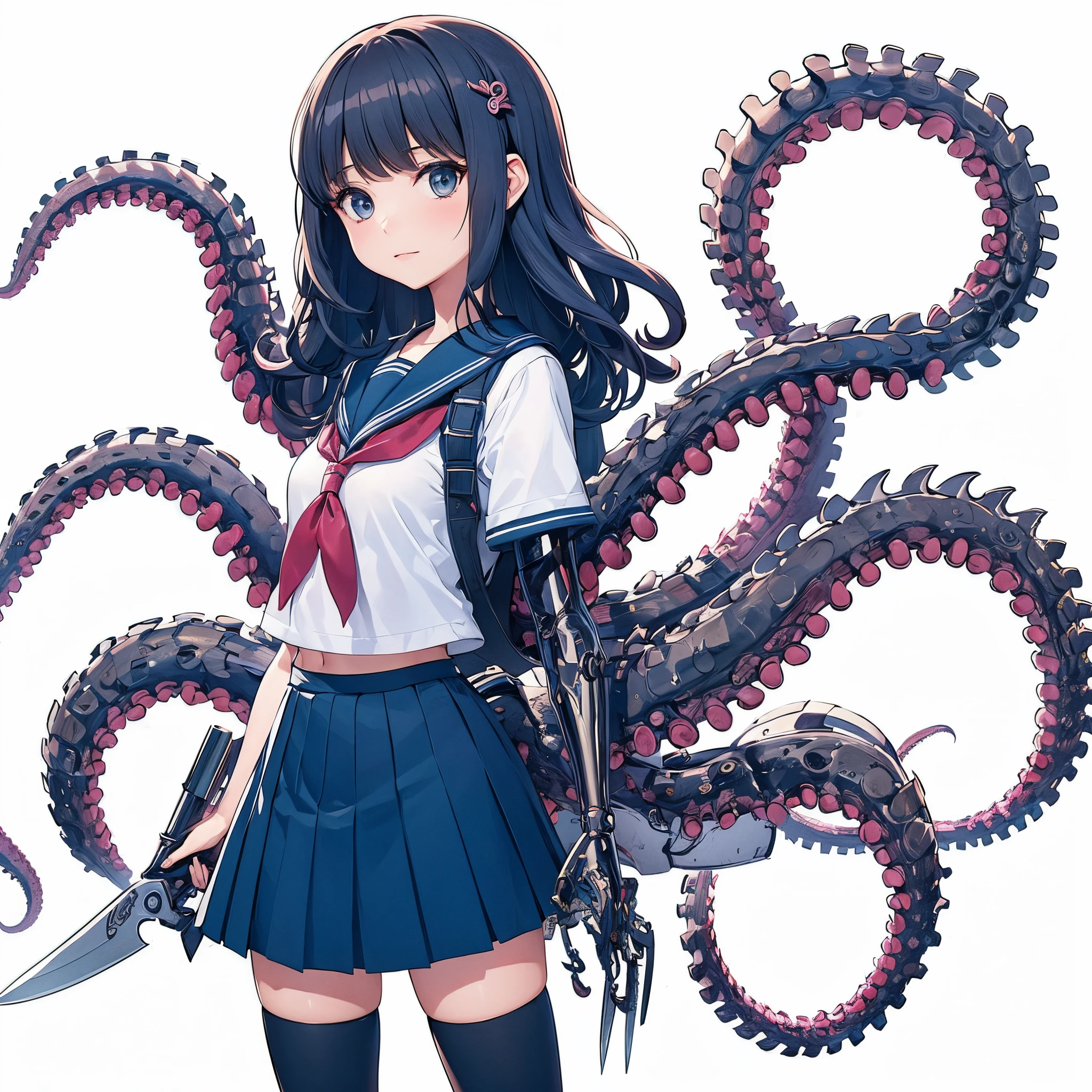 A girl with tentacles. She is a mechanical tentacle. A knife at the tip of the tentacle. A spine-like design. Japanese school uniform.