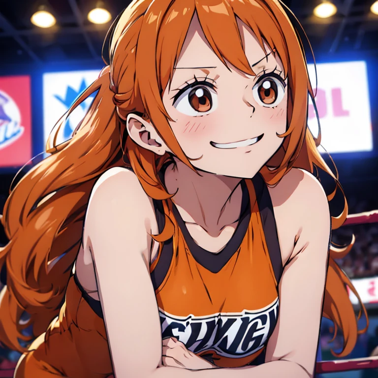A cute tall girl with long orange hair, Brown eyes, a funny smirk, she's wearing a wrestling suite, full body pic
