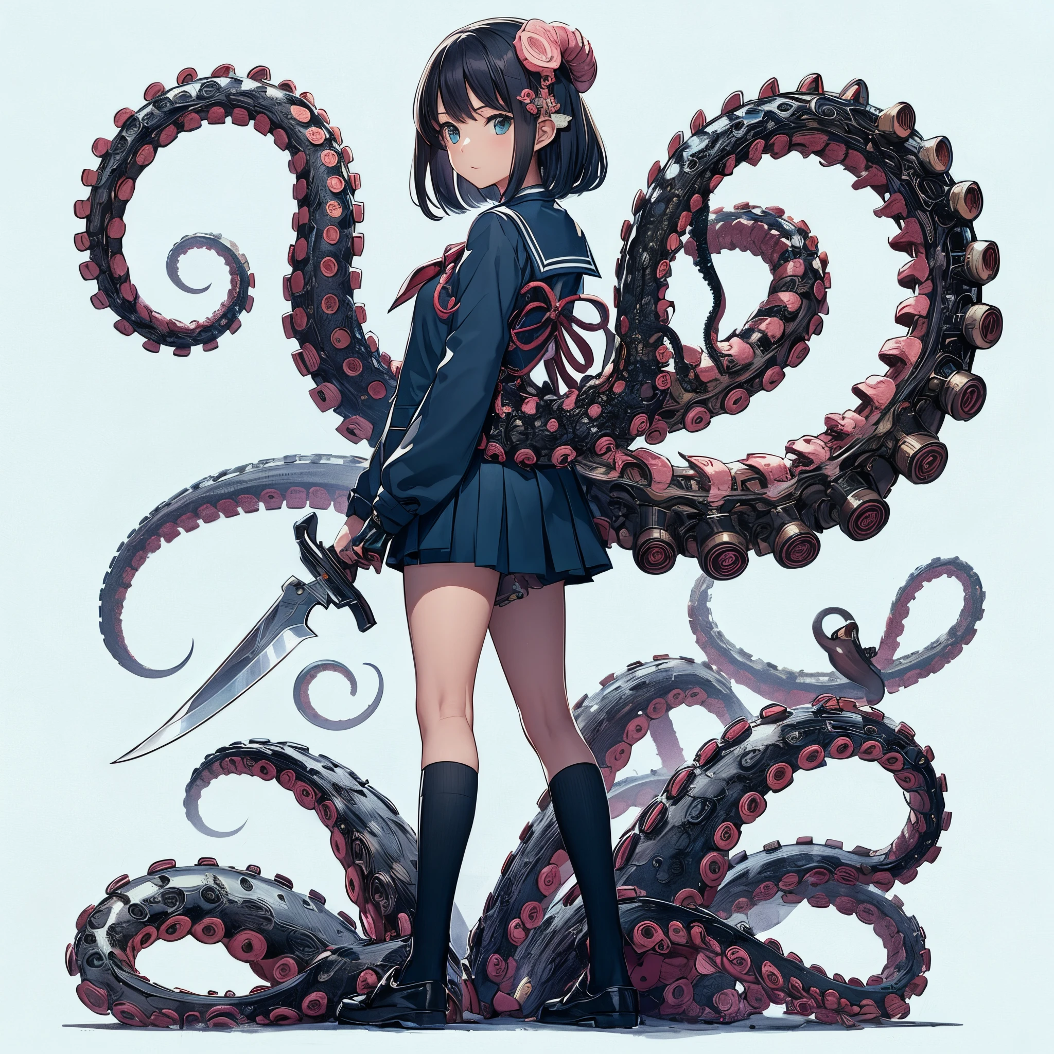 A girl with tentacles. She is a mechanical tentacle. A knife at the tip of the tentacle. A spine-like design. Japanese school uniform.