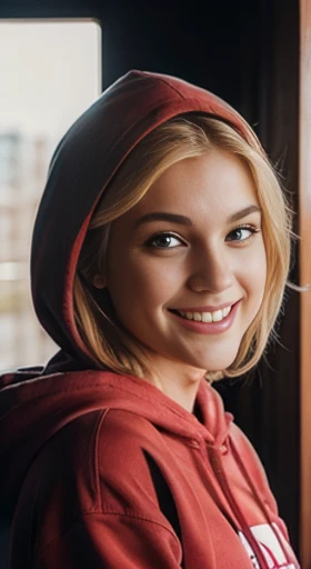 very shy young white girl blond close up from chest up, cute smile, wearing hoodie, realistic