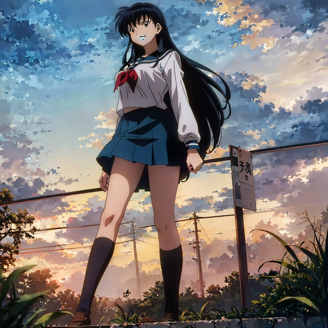 Best quality, masterpiece, HD, Kagome Higurashi, 1girl, school uniform, standing, full body, young girl, full body , ((Anime)), ((colored)), breast, smile