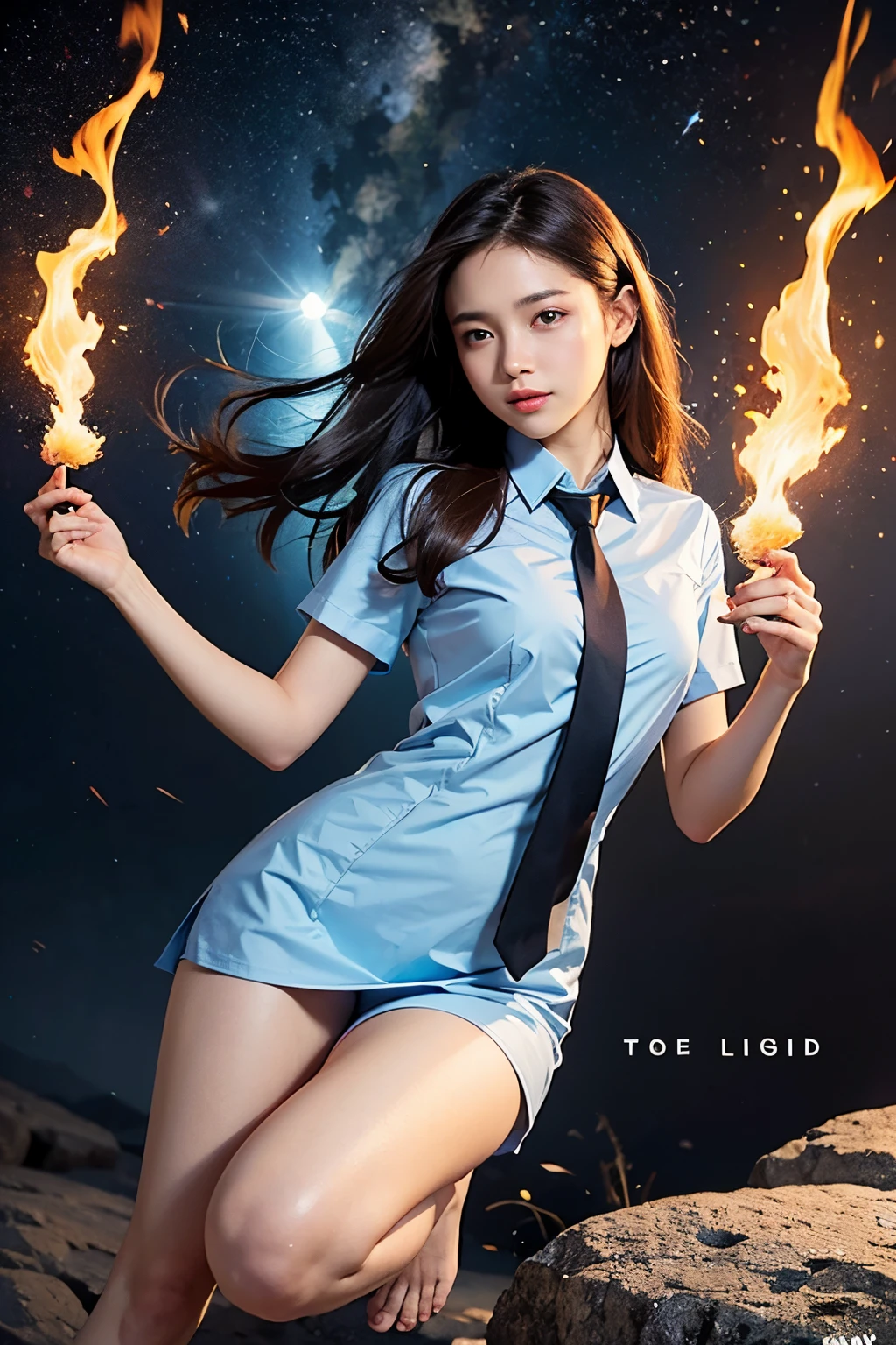 (masutepiece, Best Quality:1.2), 8K, Official art, Wearing a suit、Full body photo, full body Esbian、Emma fastening her tie. Beautiful barefoot woman with dark hair floating in the air, hold a flame in your right hand、in his left hand he holds a lightning bolt、23years old、Bright lava light rises above the broken Earth from beneath the asteroid belt(Jagged rock rocks and fragments shot into the air:1.3) (Storm of windy dust debris:1.1) Volume fogmist by trace Z、It can allow bright light from below to pass through、 (masterpiece) (top-quality) (detaileds) (8K) (电影灯光) (foco nítido) (Convoluted)A dark-haired、ears、small titdelightful、A smile、unbelievable Ridiculous, (Beautiful girl with upper body, Pretty Face, arching back down, Gold hair ornament on hair、Wearing a cute suit、close up, Wearing a suit, Short sleeve, gardenia, violaceaess, Teen, s system, Looking at Viewer, Film grain, chromatic abberation, Sharp Focus, face lights, Dynamic lighting, Cinematic lighting, Eyes and faces with detailed, Bokeh background, (Tie with Emma written on it、1 copy:1.2)