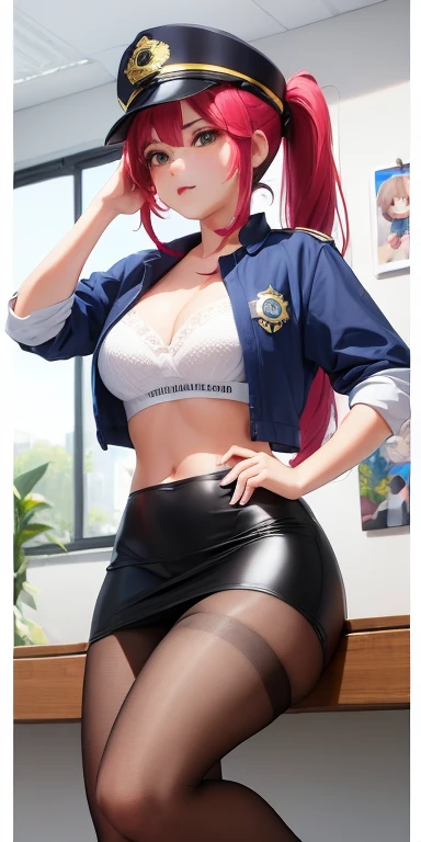 master part, best quality, arte oficial, extremamente detalhado CG unidade 8k papel de parede, (( policial)), Women&#37;s police cap, at office, cabelos longos, single ponytail,cabelo cinza, grande, mulher madura, seda preta, knee tights, peito gigante, (pencil skirts), ((inclinando-se para a frente:1.5)),(In a bra),cabelo castanho claro