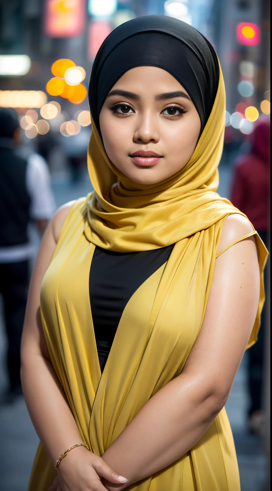 RAW, Best quality, high resolution, masterpiece: 1.3), beautiful Malay woman in hijab (iu:0.8),(((malay girl))), chubby face, natural skin, wearing hot deep neck top and dupatta, charming black hair, ((hair ends are blonde)), city streets background, bokeh