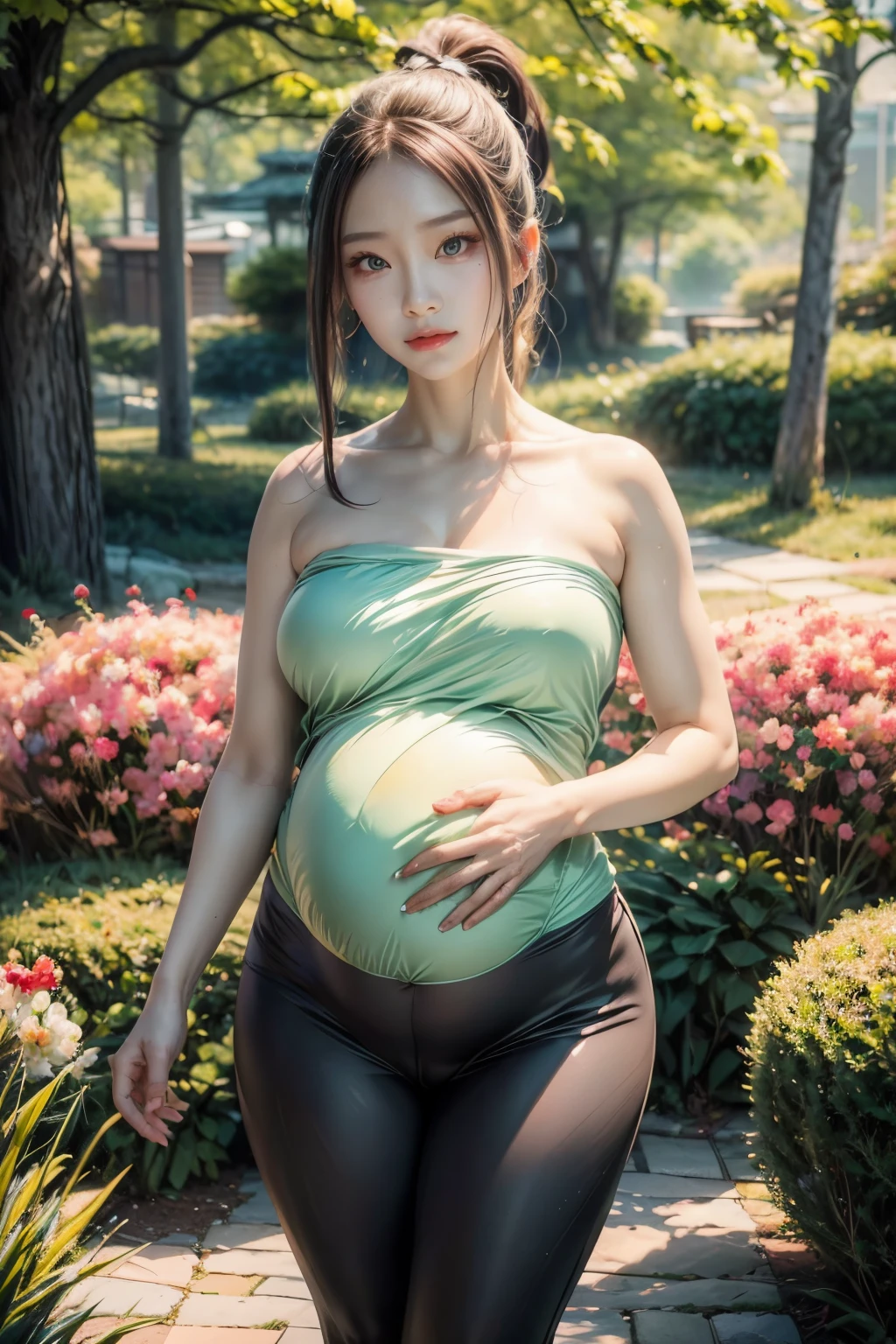(a beautiful, pregnant, Chinese-American woman:1.1),(wearing a strapless top, tight-fitting pants),(with a ponytail),(),(anime style),(vivid colors),(studio lighting),(best quality, highres:1.2),(ultra-detailed),(photorealistic:1.37),(soft pastel colors),(natural lighting),detailed eyes,detailed lips,radiant facial expression,round face shape,feminine appearance,standing in a beautiful garden,peaceful atmosphere,blooming flowers,green grass,tall trees,butterflies flying around)