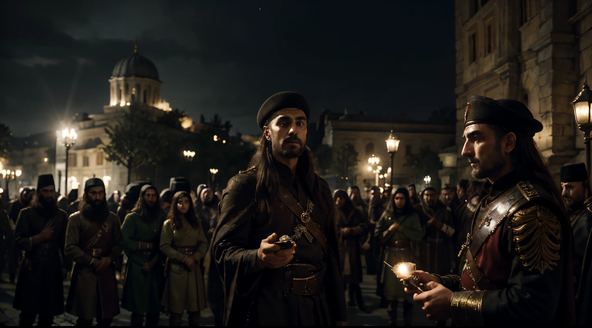 (masterpiece), (best quality), extremely precise and beautiful, realistic, (realistic landscape), Fascinating with a perfect blend of fascinating elements (year 1443, thousands of Ottoman Army greeting Sultan Mehmet the Conqueror in front of the palace, dark atmosphere), visual capturing grandeur and atmosphere, 8K, Lord of the Rings movie style post production, high resolution, hyper detailed, depth of field, HDR, complex, cinematic lighting, cinema style, 35mm film capture.