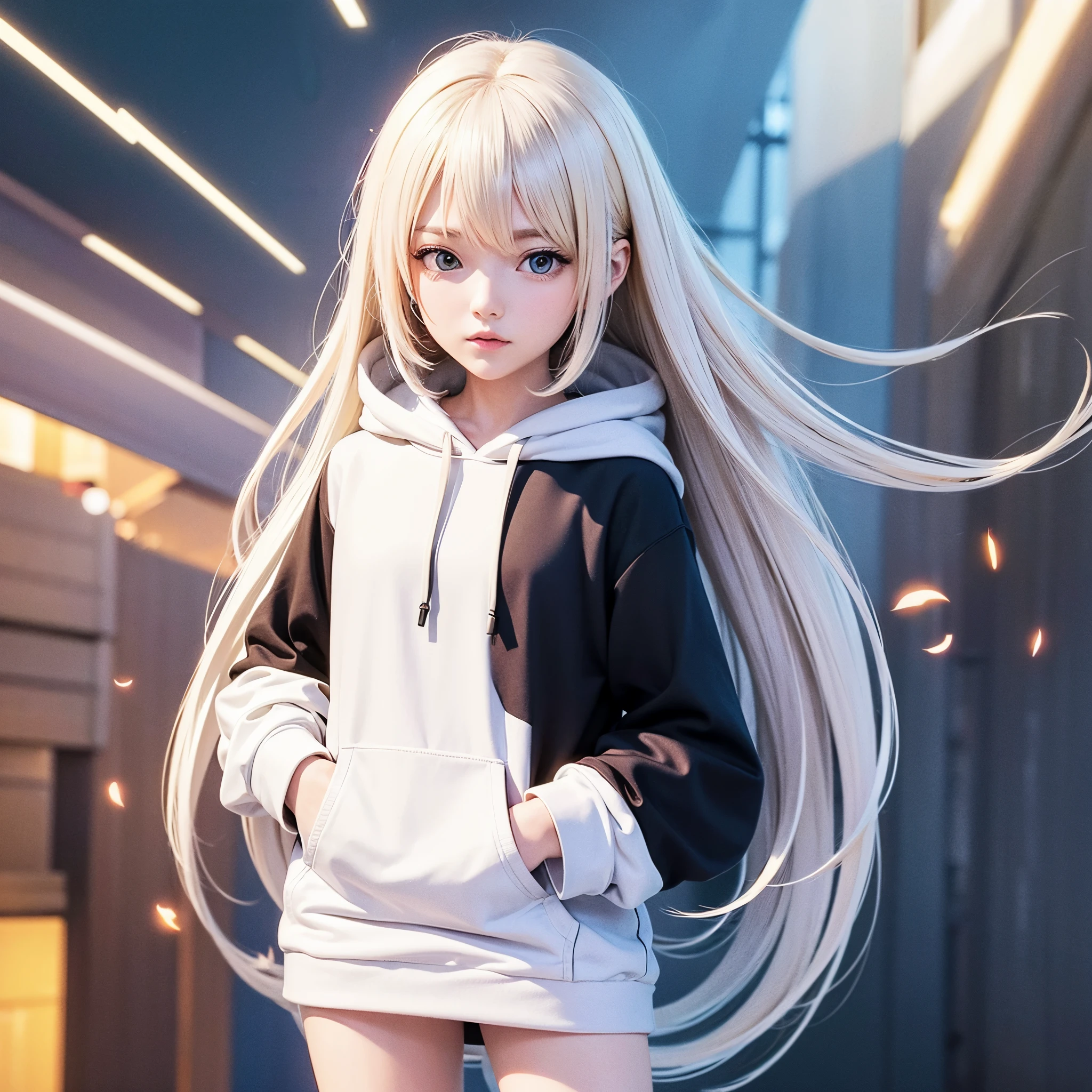 Top Quality, Masterpiece, High Resolution, 8k, Hoodie and Anime Style Girl, One Girl, Detailed Line Art, Bright White and Bright Amber Style, Digital Enhancement, Close Up, Anime Core, Flowing Fabric