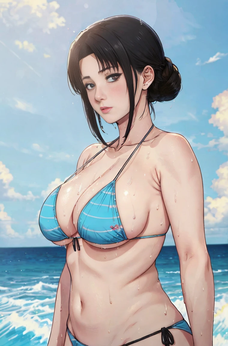 nush_xter,One girl, face to chest close-up, striped micro bikini, young, cute, beautiful girl, black hair long hair, big, wet body, perfect body, seaside, best image quality, best quality, super high definition, masterpiece,(extra large breasts:1.4)