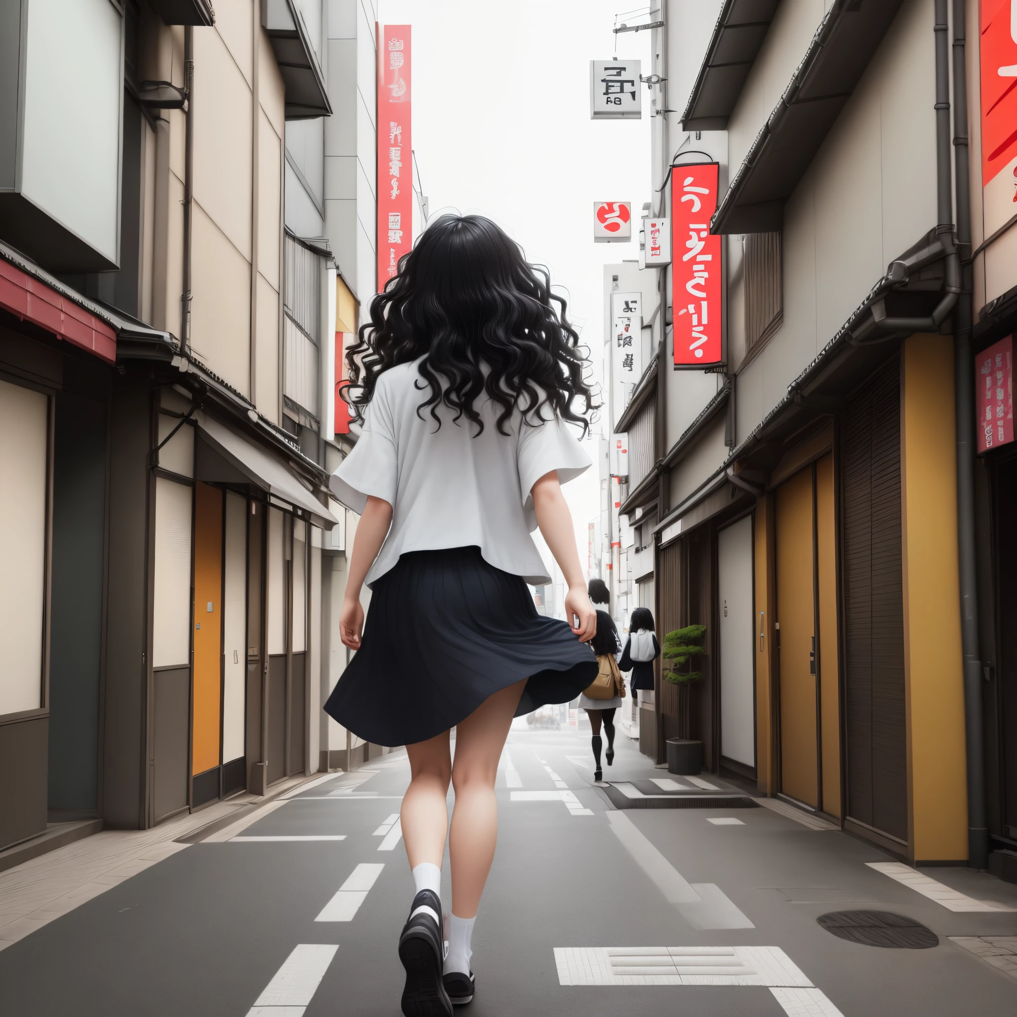 Make me a wallpaper: Girl with black wavy hair walking backwards on the streets of Tokyo