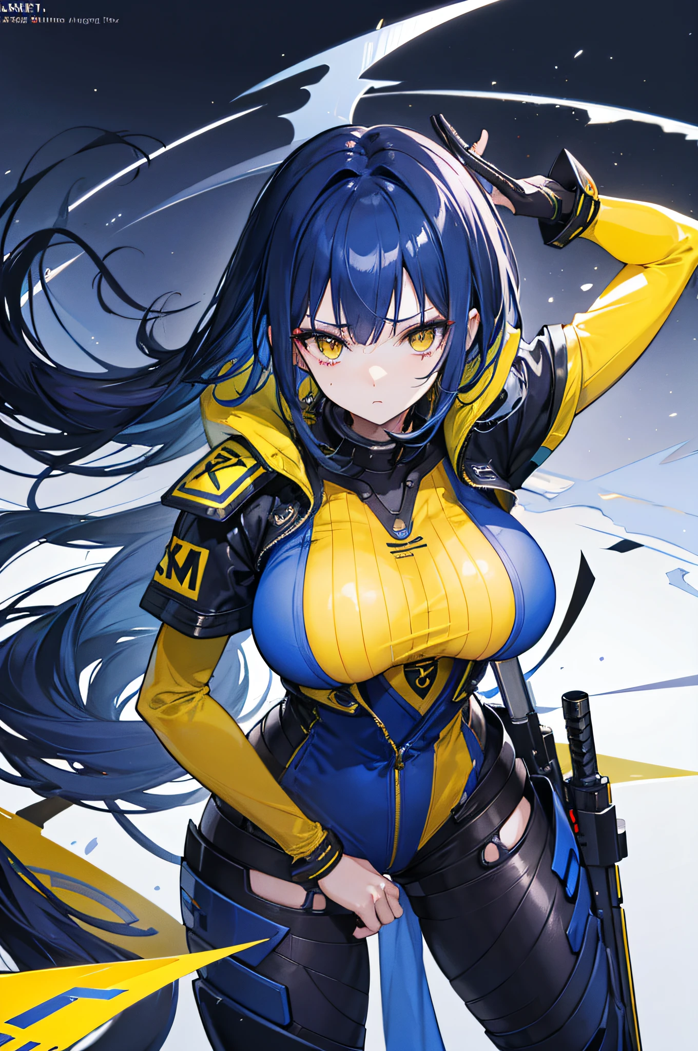 high quality,masterpiece,clean lines,1girl, solo, tamaki kotatsu, looking at viewer, yellow eyes, black bikini, black-blue firefighter suits, open vest, black jacket, portrait,gloves,black pants,black and blue firefighter suit,cocky face,standing,firefighter station background