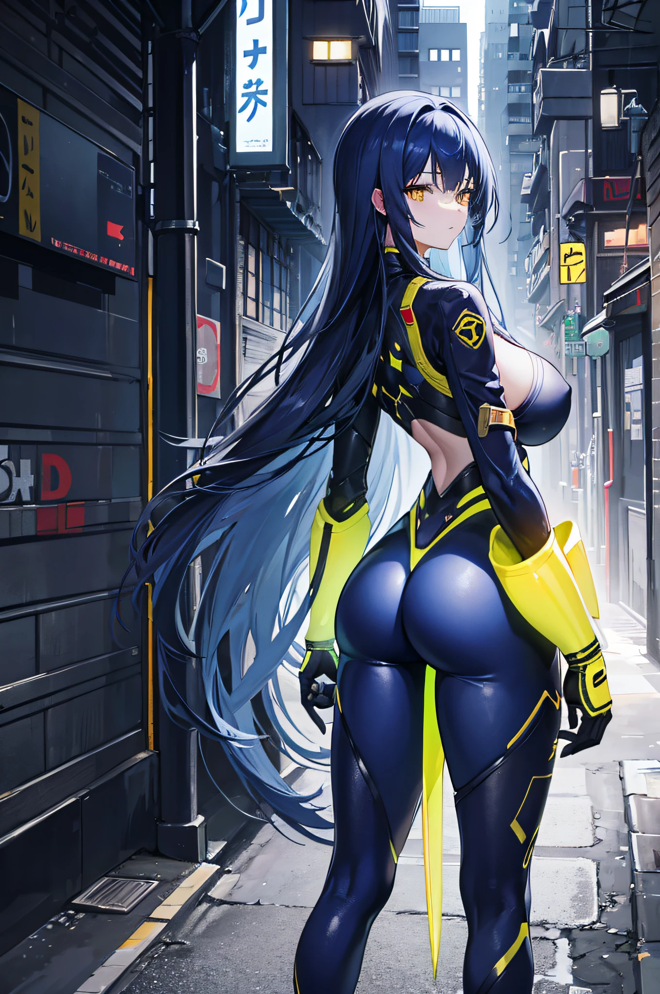 4K,hight resolution,One Woman,Dark blue hair,Longhaire,Yellow eyes,Colossal tits,ninjartist,pure white cyber suit,Knives,Back alleys of the city,Midnight