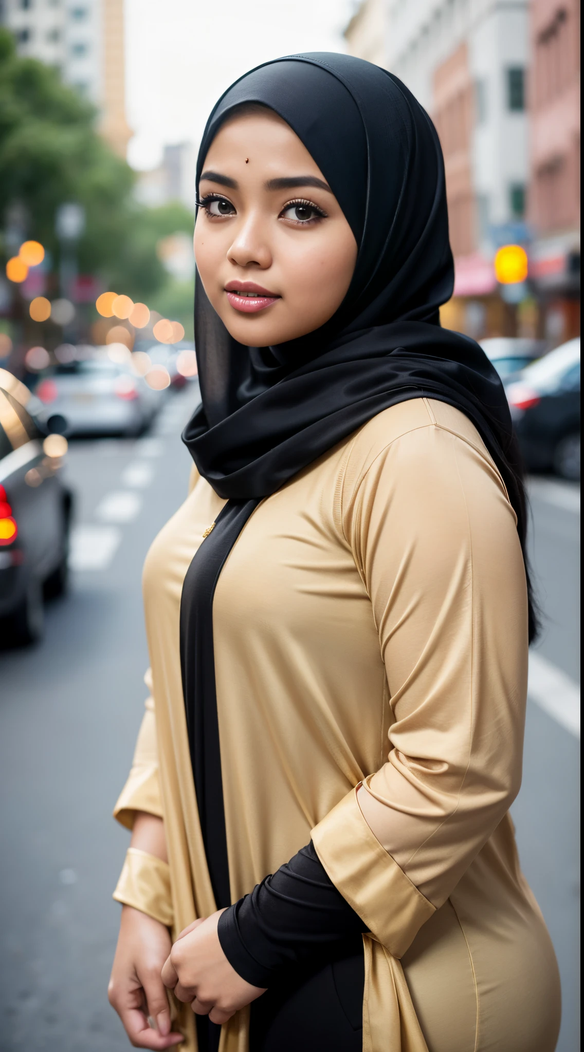 1 malay woman in hijab,((Tight knitted dresses)),(Small buttocks),Emphasize ass,Smaller chest,Clothes are sheer,Smiling smile, (hijab flying), de pele branca,big breasts thin waist,Japanese-style street, Hyper-Realism, Cinematic lighting, depth of fields, From below, vanishing point, F/2.8, Anatomically correct, Textured skin, Super Detail, awardwinning, Best Quality, hight resolution,