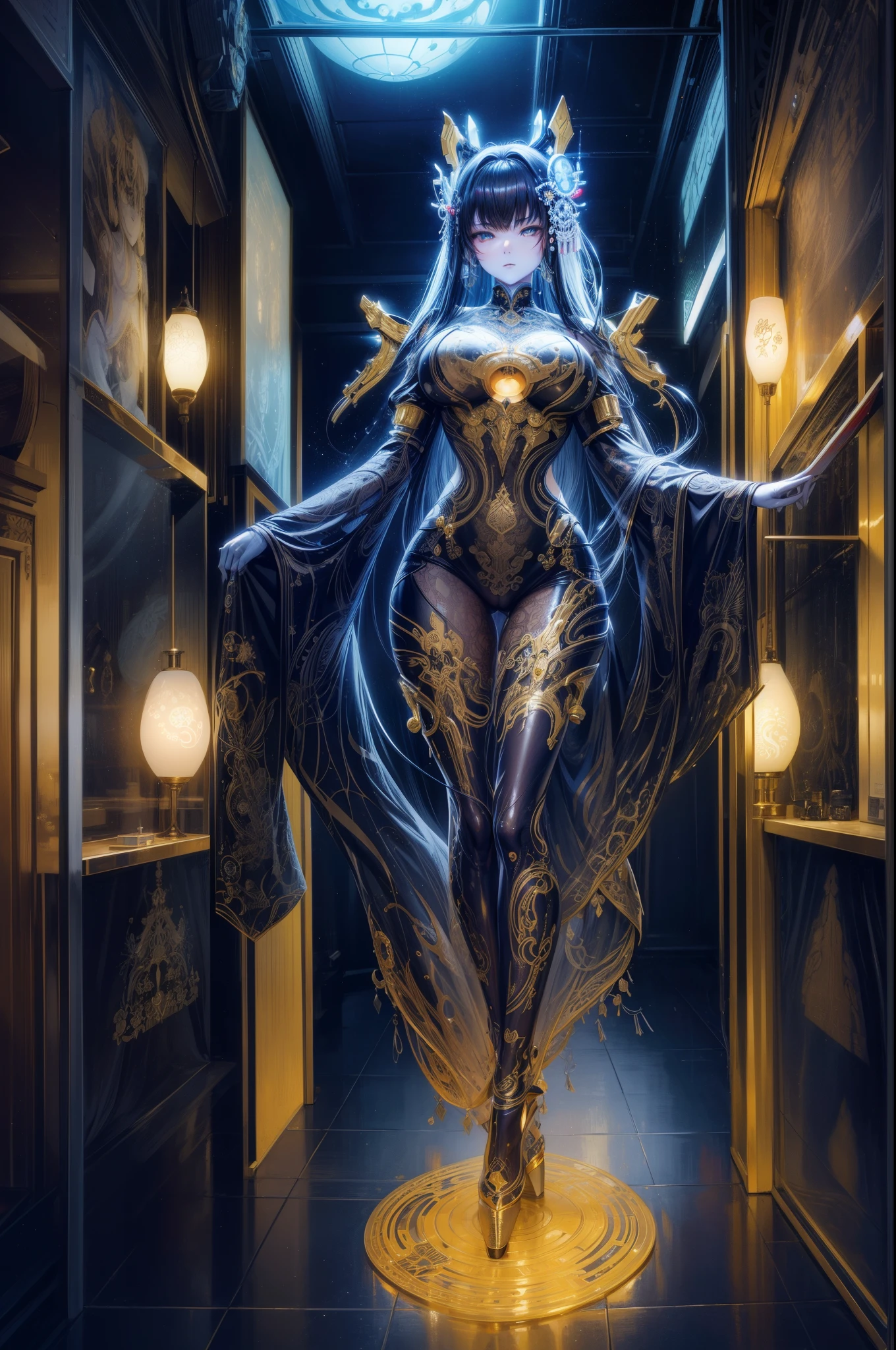 Photos of Japanese female robots in their 20s，Made of white and silver clear glass and plastic, geisha makeup, Black hairstyle, Silver and gold metallic interior, dynamicposes, flowing organic structure, Meticulous carving, Lace design, Glowing gold circuit, Colorful neon lights decoration, Meticulous carving, Lace design, glowing circuitry, neon trim, H&#39;artistically.r. Giger, Greg Rutowski