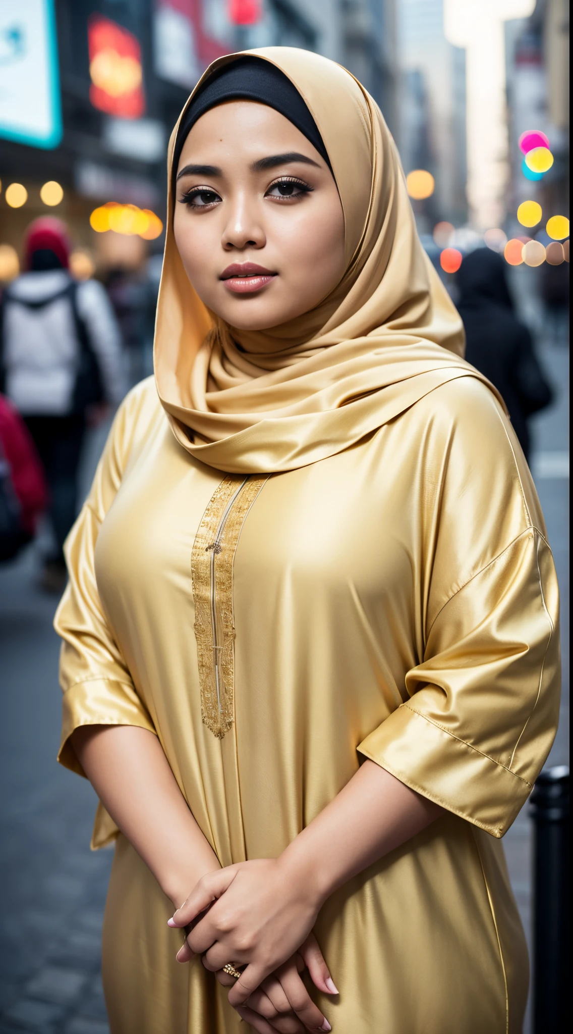 RAW, Best quality, high resolution, masterpiece: 1.3), beautiful Malay woman in hijab (iu:0.8),(((malay girl))), chubby face, natural skin, wearing hot deep neck top and dupatta, charming black hair, ((hair ends are blonde)), city streets background, bokeh