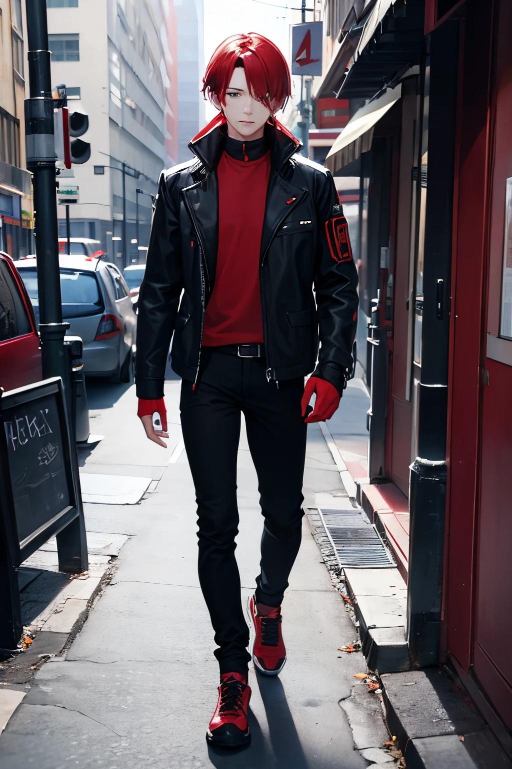 boy, straight red hair, black eyes, black jacket with red details, blue pants, who is walking listening to music