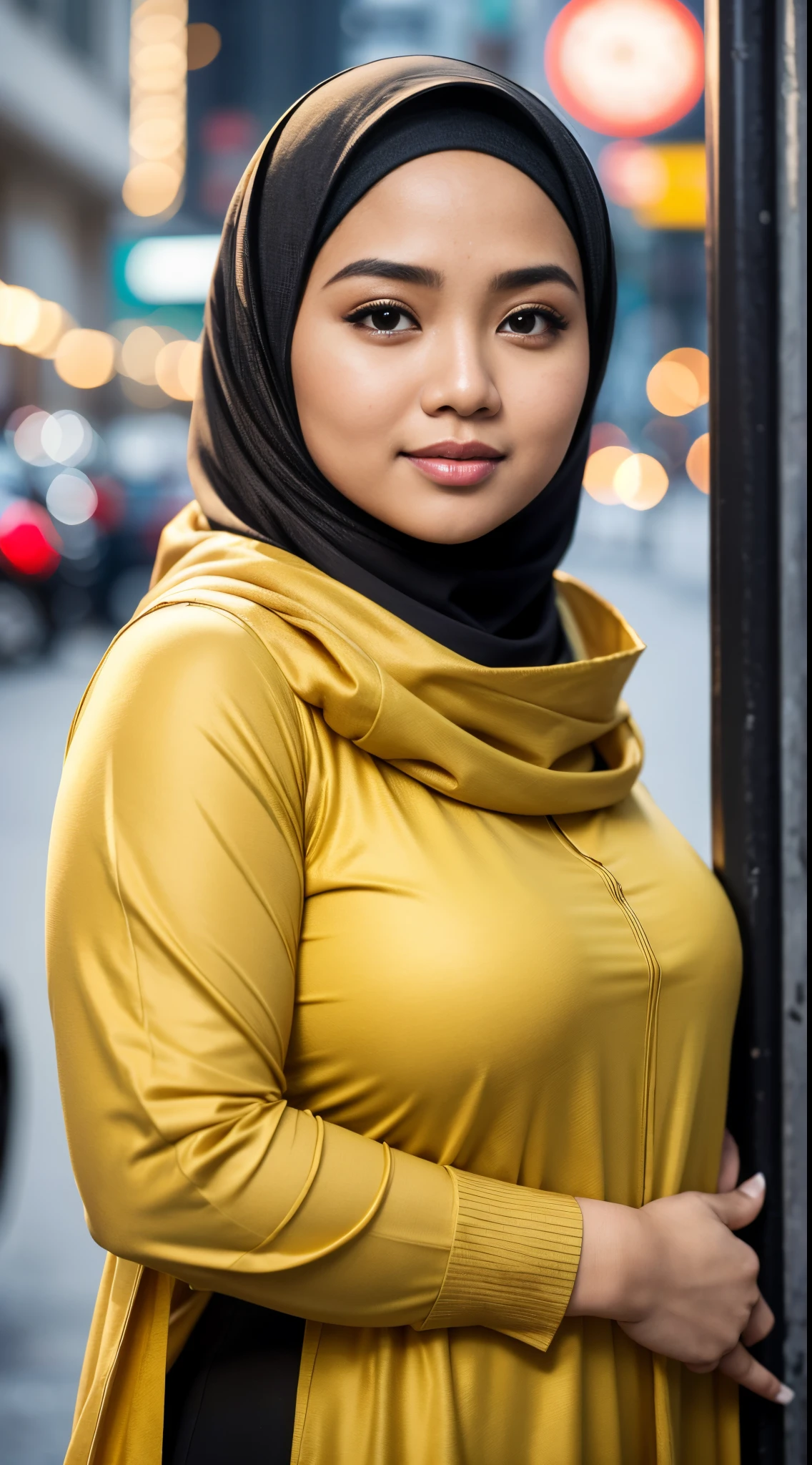 Half body portrait of a 33 years old malay woman sit in front of giant mirror, wearing hijab, wearing yellow mustard leotard with satin green slack, narrow waist, indoor shot, looking up at coffee shop sign, soft lighting, smirk face, circle bokeh , big breast, catwalk, morningtime, surrounded by a comfortable, cool atmosphere, looking at the viewer. (Skin details:1.3), hairy hands, Hijab, slim, red lips, seductive with bokeh camera background