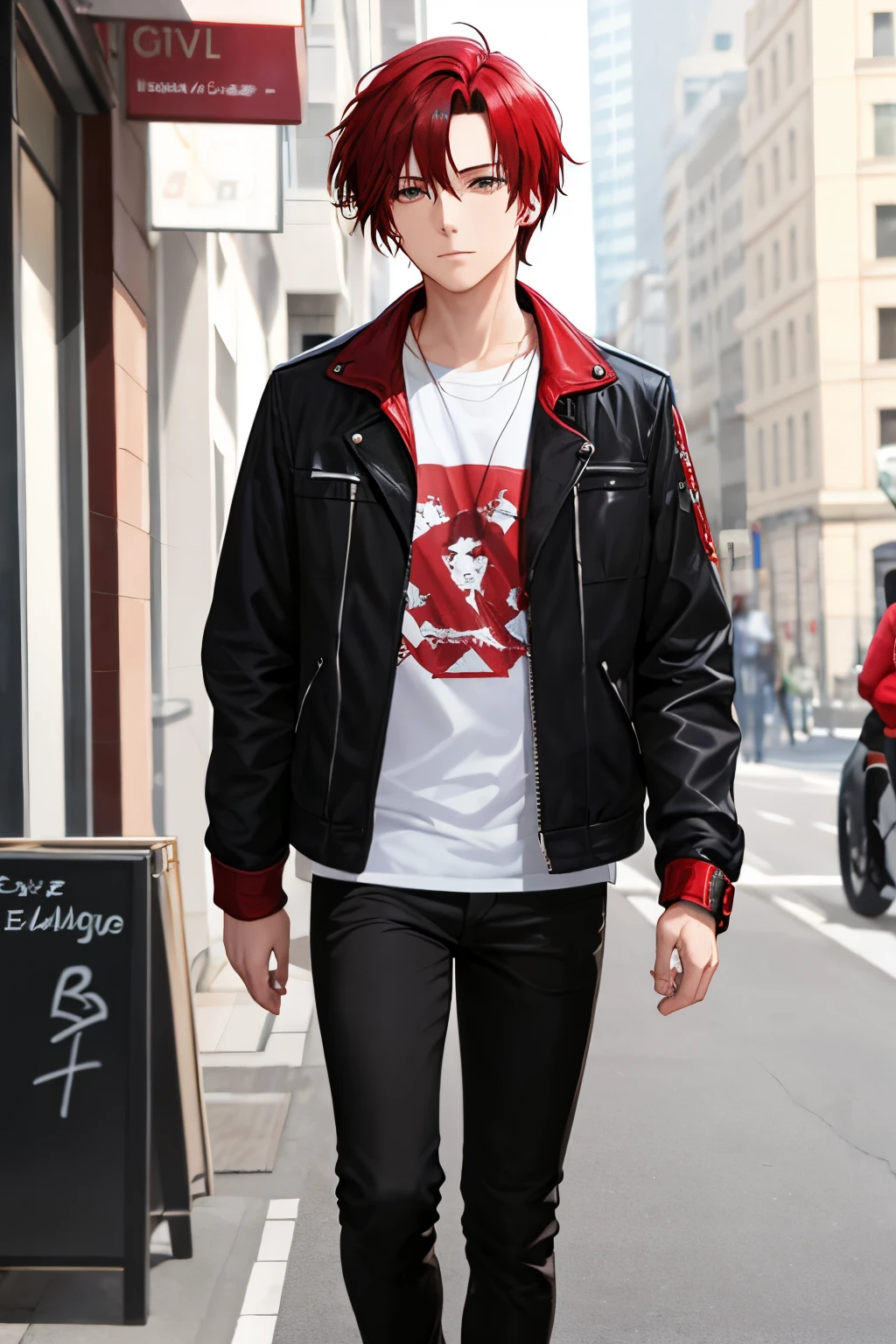 boy, straight red hair, black eyes, black jacket with red details, blue pants, who is walking listening to music