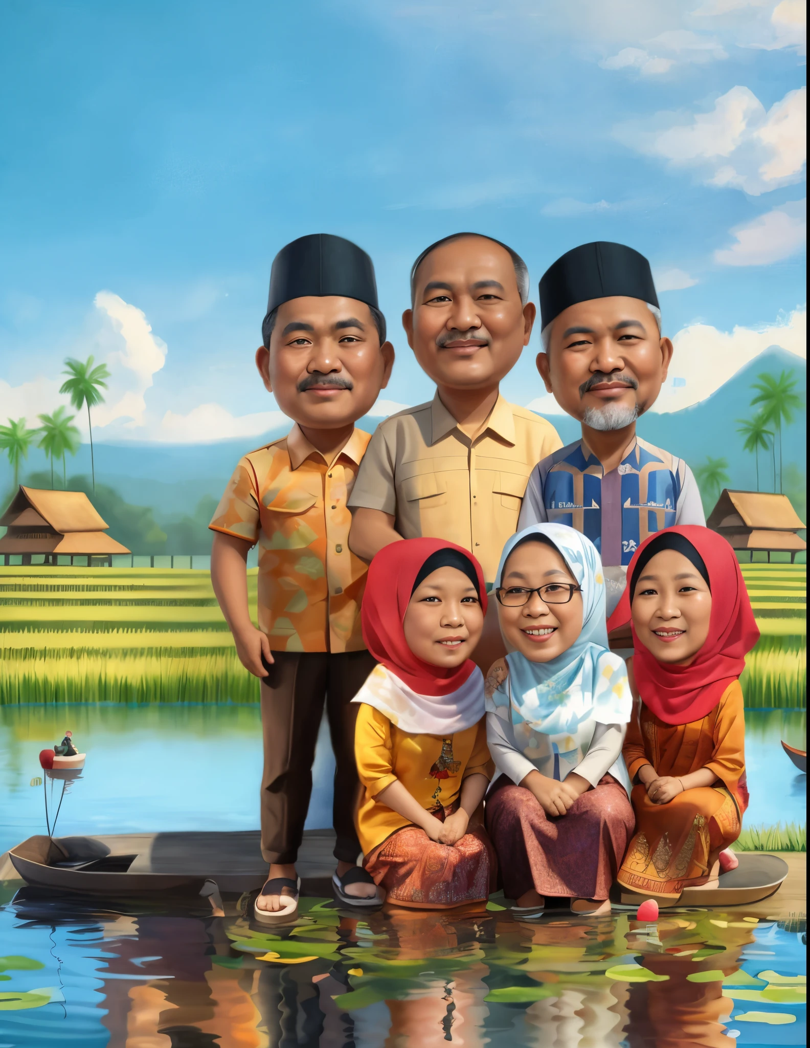 painting of a muslim family posing for a picture in a lake, an indonesian muslim family portrait, java family, potrait, full protrait, Wearing batik clothes and batik bottoms, muslim caricature illustration, happy family, caricature, caricature style, traditional art, in cartoon style, family portrait, traditional portrait, protrait, java family, caricature!!!, cartoon art, traditional