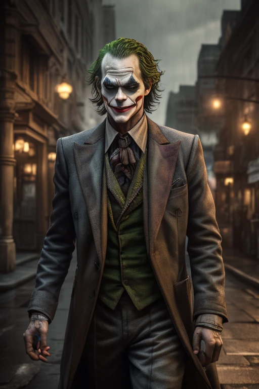 A Joker\(Joker 2019\) ,epic, realistic, faded, neutral colors, ((((hdr)))), ((((muted colors)))), intricate scene, artstation, hyperdetailed, cinematic shot, warm lights, dramatic light, intricate details, vignette, complex background, [[teal and orange]], slate gray atmosphere