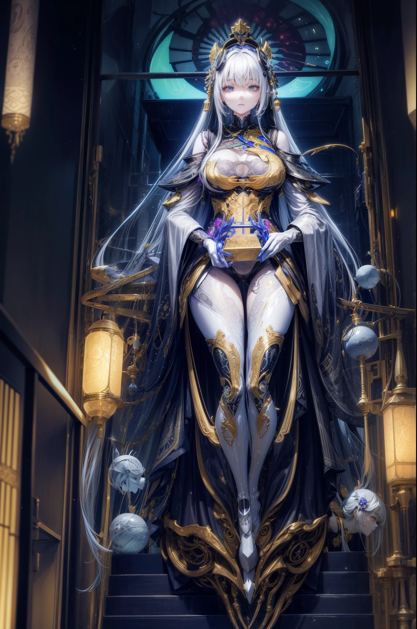 Photos of Japanese female robots in their 20s,Made of white and silver clear glass and plastic, geisha makeup, Black hairstyle, Silver and gold metallic interior, dynamicposes, flowing organic structure, Meticulous carving, Lace design, Glowing gold circuit, Colorful neon lights decoration, Meticulous carving, Lace design, glowing circuitry, neon trim, H'artistically.r. Giger, Greg Rutowski