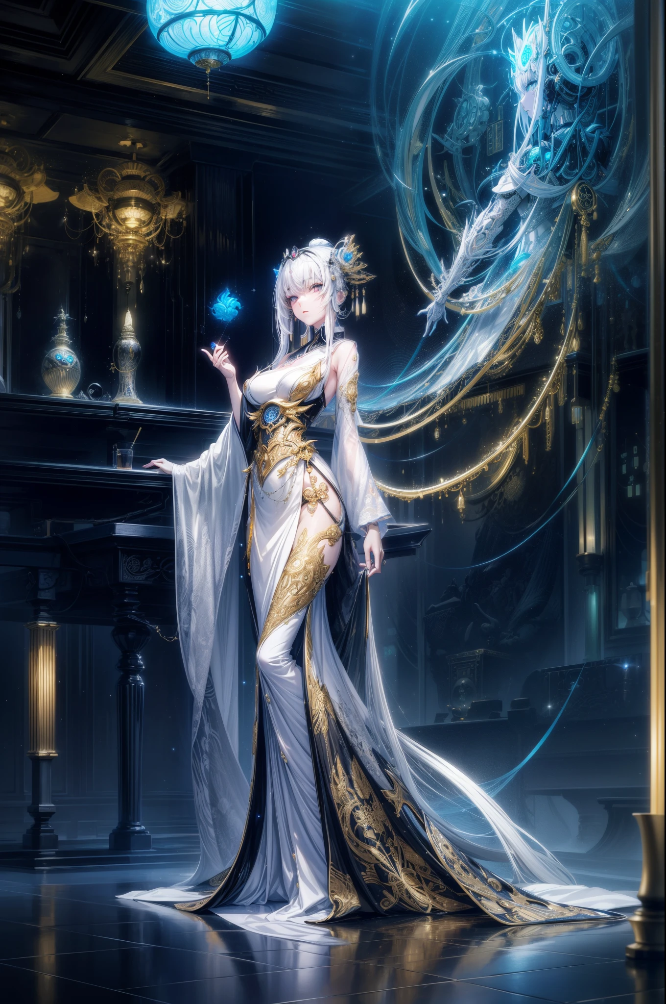 Photos of Japanese female robots in their 20s，Made of white and silver clear glass and plastic, geisha makeup, Black hairstyle, Silver and gold metallic interior, dynamicposes, flowing organic structure, Meticulous carving, Lace design, Glowing gold circuit, Colorful neon lights decoration, Meticulous carving, Lace design, glowing circuitry, neon trim, H&#39;artistically.r. Giger, Greg Rutowski