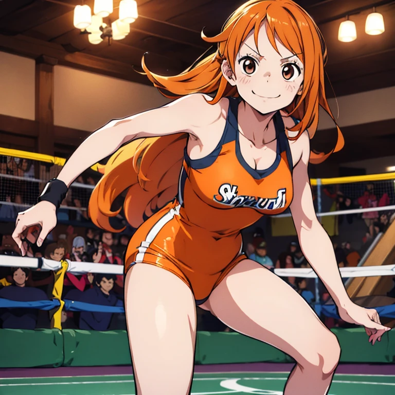 A cute tall girl with long orange hair, Brown eyes, a funny smirk, she's wearing a wrestling suite, full body pic