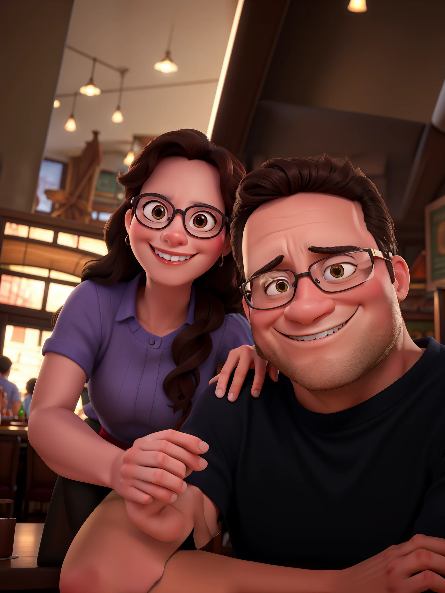 Disney Style Couple With Glasses Smiling In Restaurant.