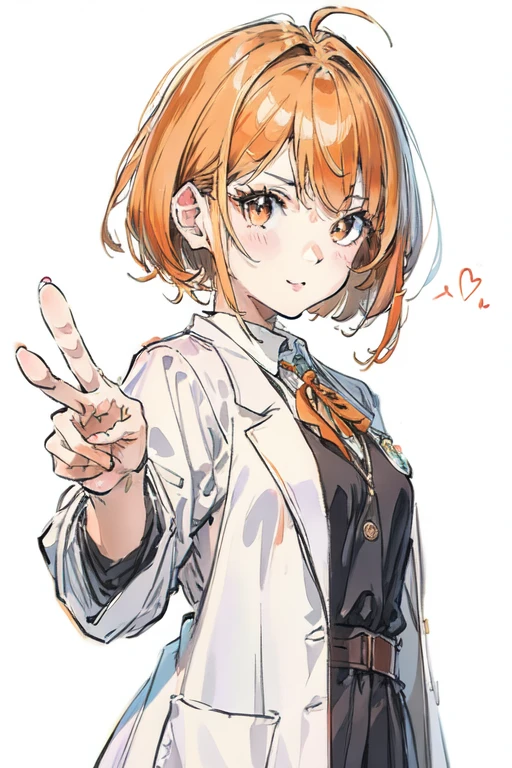 ((best quality)), ((masterpiece)), (detailed), perfect face, shorthair, girl, professor, lab coat, orange hair , peace sign