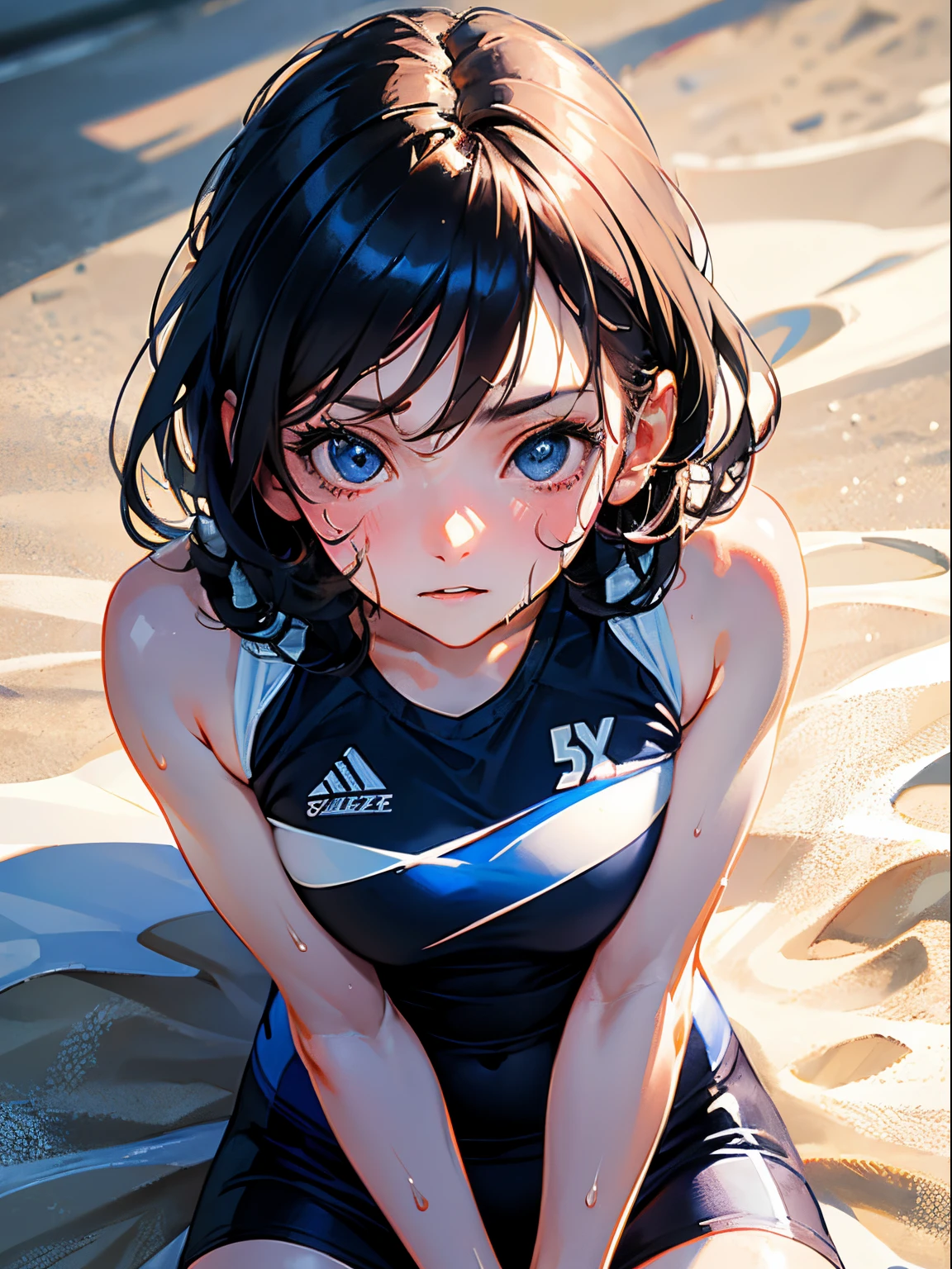 Best Quality, masutepiece,  High resolution, (Anime Heroine Illustration), Anime Paint, 1beautiful girl ,Dynamic Angle,Female beach volleyball Athletes,small head,Large breasts,nice legs, Glowing skin, Sweat,At the beach volleyball venue ,,Detailed beautiful face,large eyes,detailed hairs,detailed skins,Realistic Skins,Sweat,detailed  clothes,cool,from above