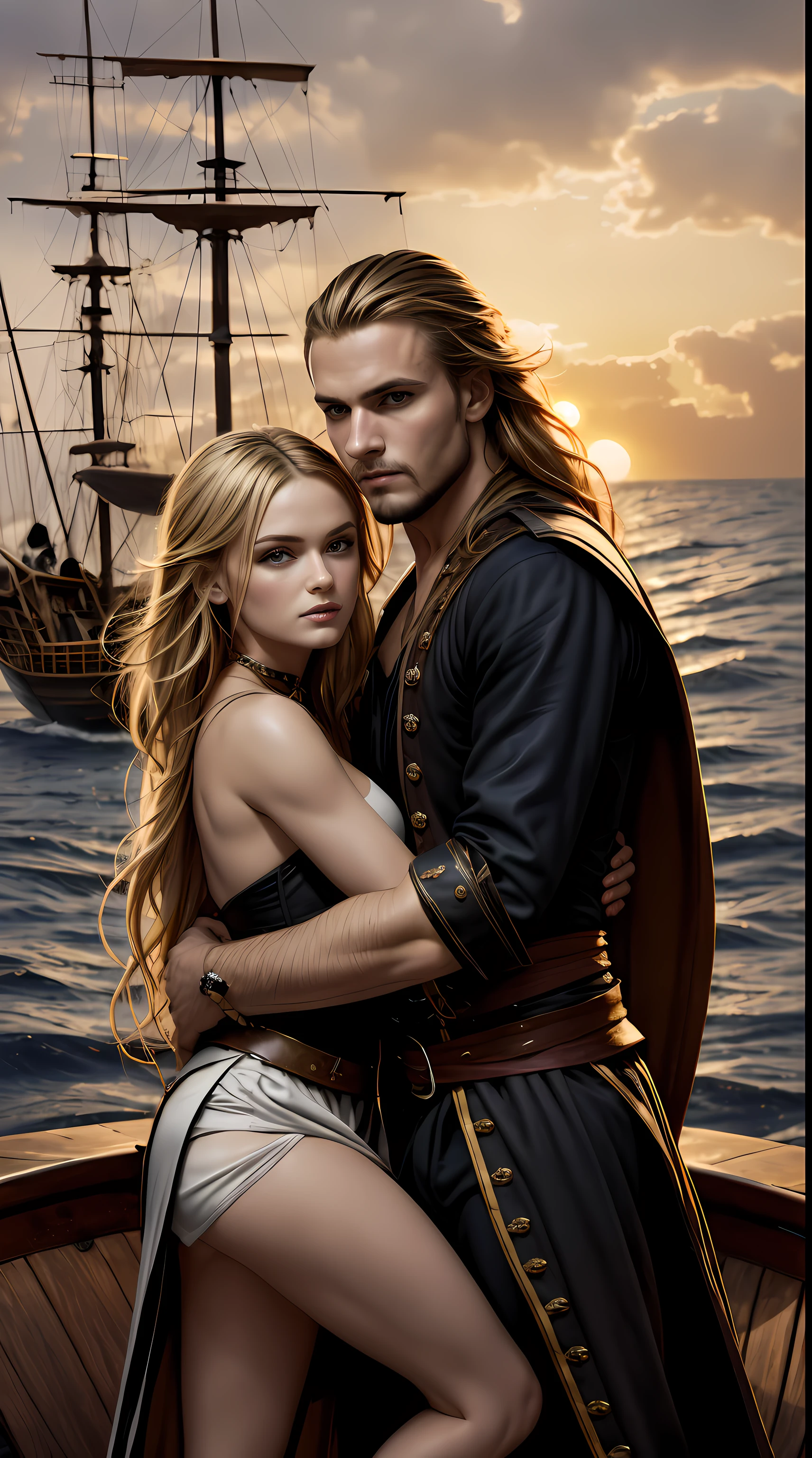 Two characters side by side. A short beautiful girl with blond hair and a tall black-haired dangerous pirate in a romantic dawn scene hold each other on a pirate ship.. The girl has tanned skin, Waist-length long hair, dark blonde wavy hair, stunning eyes, and a short dress. taller pirate, with short black hair, in a pirate costume. In this scene he tenderly hugs the girl