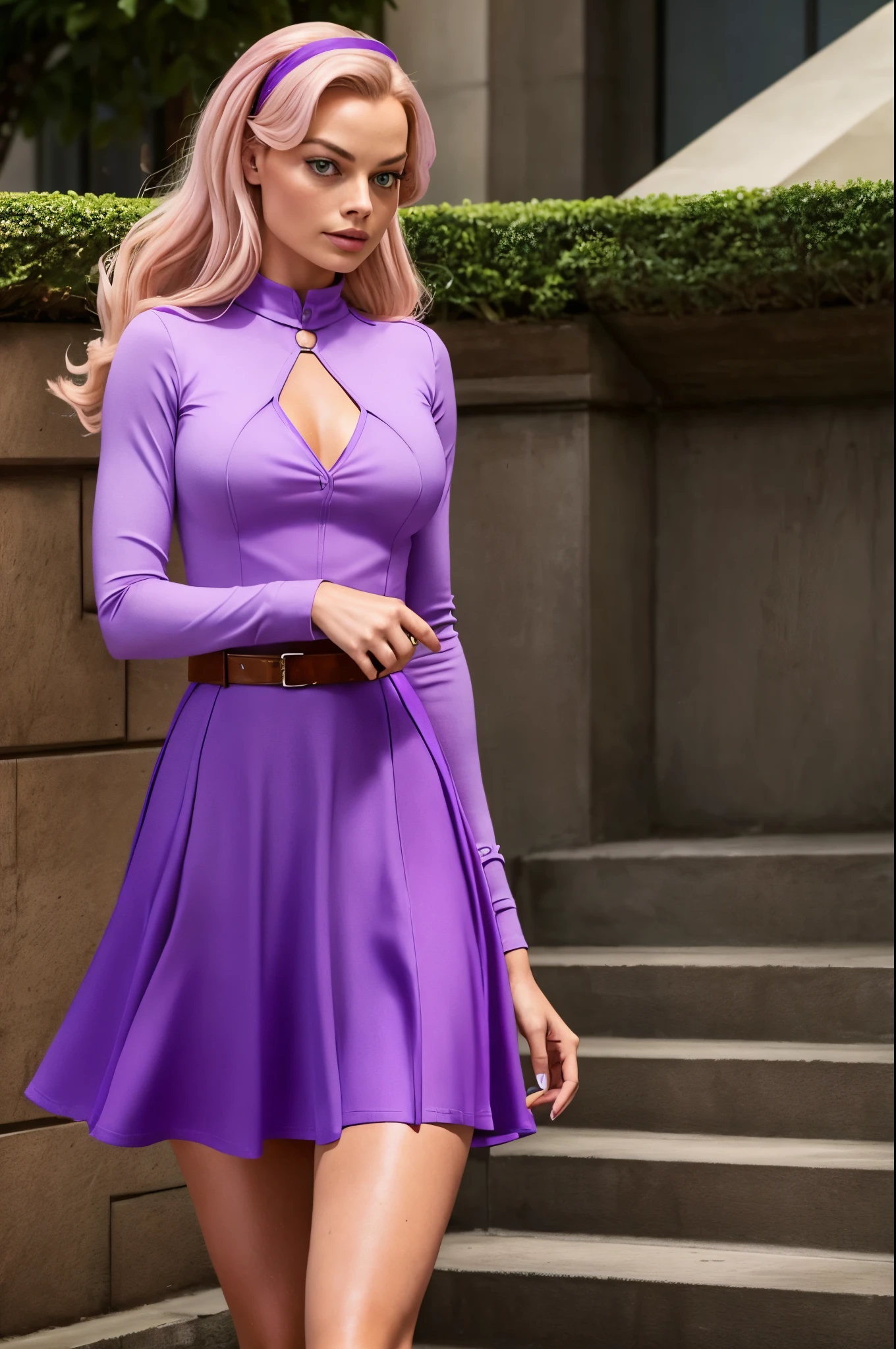 Margot Robbie as Daphne from (Scooby Doo) , doing detective work, wearing a purple long sleeve short skirt dress