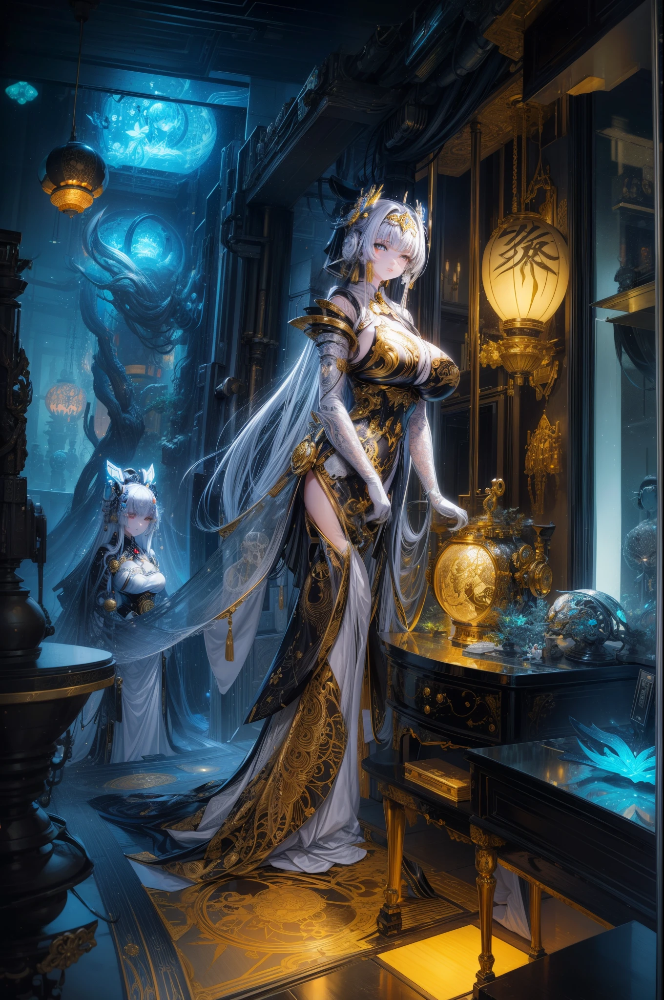Photos of Japanese female robots in their 20s,Made of white and silver clear glass and plastic, geisha makeup, Black hairstyle, Silver and gold metallic interior, dynamicposes, flowing organic structure, Meticulous carving, Lace design, Glowing gold circuit, Colorful neon lights decoration, Meticulous carving, Lace design, glowing circuitry, neon trim, H'artistically.r. Giger, Greg Rutowski