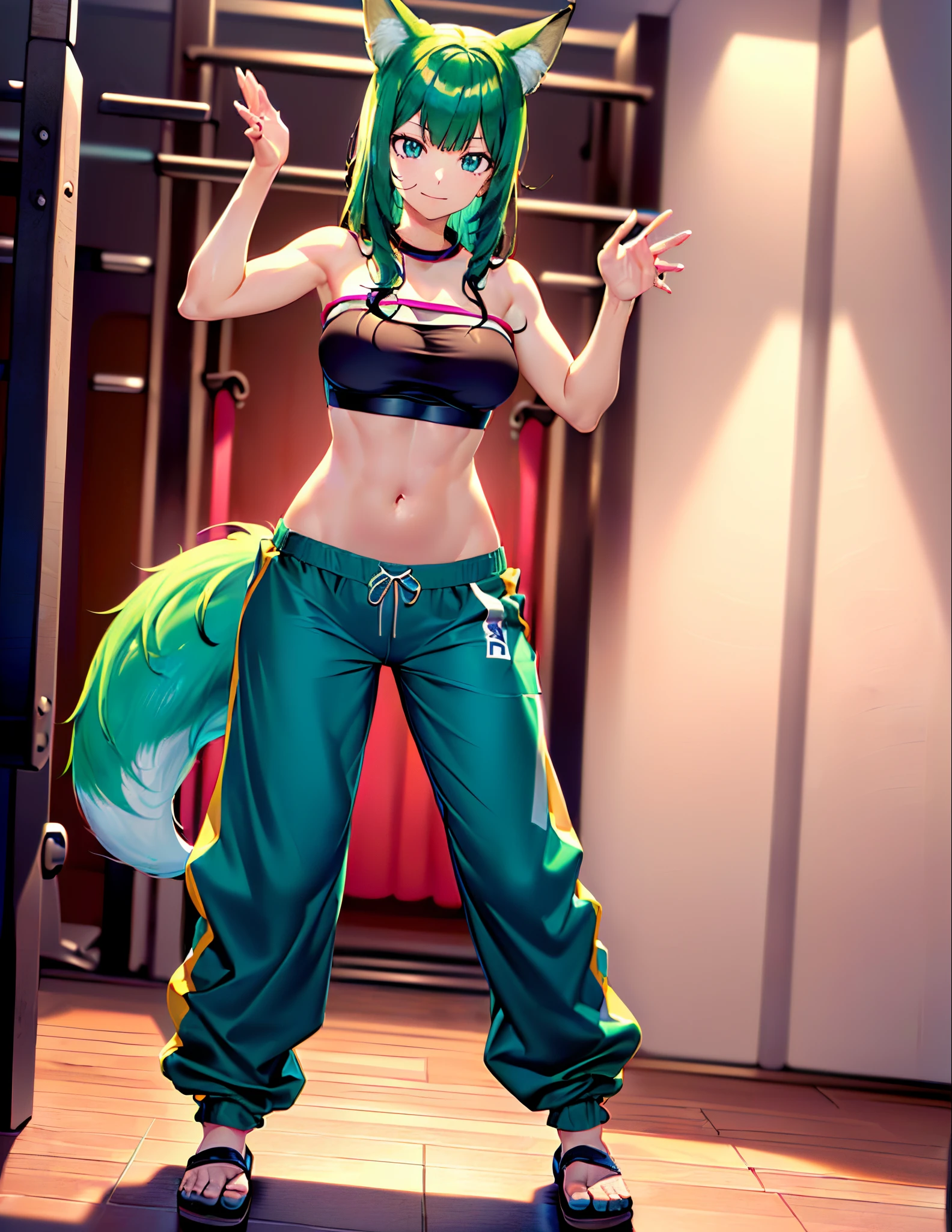 (best quality, 4k, 8k, highres, masterpiece:1.2), ultra-detailed, (((fox girl))), ((jade hair)), ((full body)), ((perfect body)), (((standing pose))), (((very baggy and long harem dancer pants))), ((perfect pants)), ((detailed pants)), ((strapless gym top)), ((perfect clothes)), ((fully detailed)), illustration, vivid colors