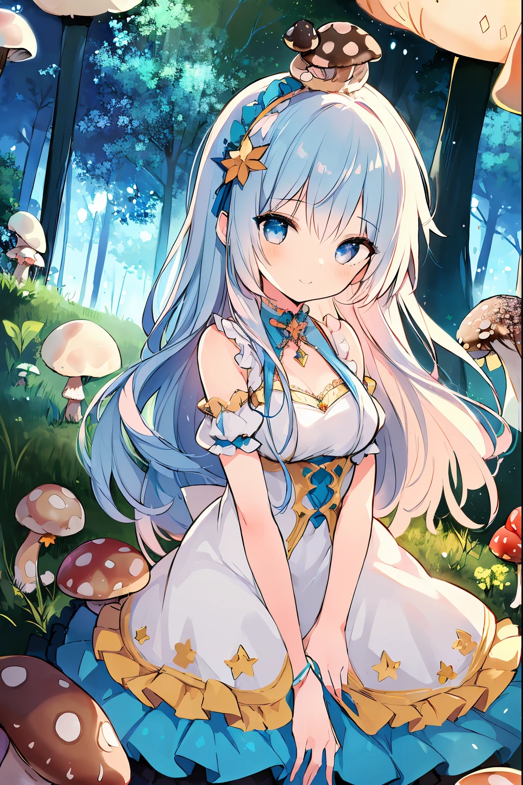 (a girl with) colorful crown on head, (crown made of mushroom:1.3), detailed hair, wavy hair, princess, alternative color hair, fantasy style, ethereal lighting, best quality, ultra-detailed, dreamy atmosphere, magical forest background, whimsical, surreal scene. stars in eyes