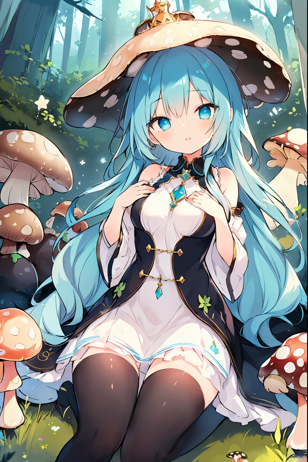 (a girl with) colorful crown on head, (crown made of mushroom:1.3), detailed hair, wavy hair, princess, alternative color hair, fantasy style, ethereal lighting, best quality, ultra-detailed, dreamy atmosphere, magical forest background, whimsical, surreal scene. stars in eyes